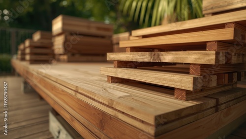 Close-up outdoor image of layered larch deck boards with selective blur