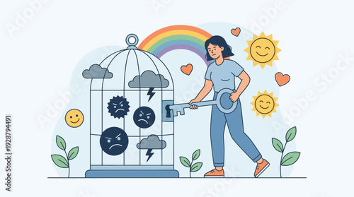 Woman locking negative emotions and bad mood in a birdcage with a large key, mental health concept of positive thinking, overcoming depression and anxiety, flat vector illustration style.