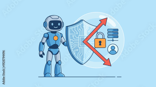 AI Security and Data Protection Concept: Friendly Robot Holding a Shield with Circuit Pattern Reflecting Cyber Threats to Protect Cloud Servers, User Privacy, and Digital Infrastructure.