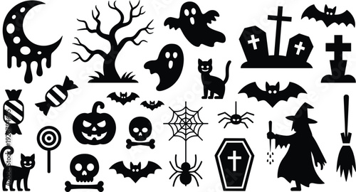 Assortment of black Halloween silhouette icons on a white background Keywords: Halloween, silhouette, icons, symbols, spooky