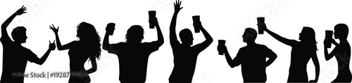 Silhouette of party people holding drinks and celebrating isolated on white background, black friends vector illustration for nightlife, festival, and celebration design