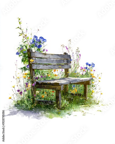 Rustic Wooden Bench Surrounded by Wildflowers