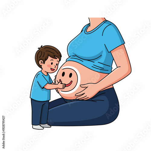 A boy touching a pregnant woman's smiling belly