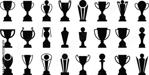Collection of black silhouettes of various trophy cups and awards on a white background winner