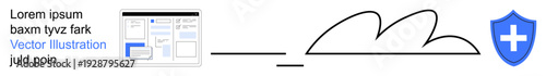 Cloud computing, cybersecurity, web hosting, data protection, online security, digital technology. Abstract cloud, connected elements blue shield with medical cross. Cloud computing