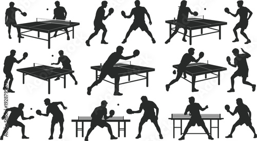 Collection of Fifteen Black Silhouettes of People Playing Table Tennis ping pong sport