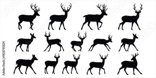 Collection of Male Deer Silhouettes with Antlers in Different Poses stag animal