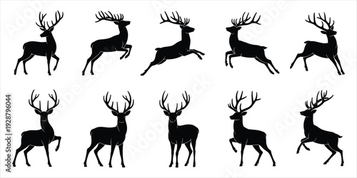 Collection of ten black silhouette deer in various poses and movements on white animal wildlife