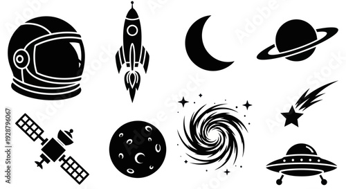 Collection of space exploration elements and celestial body icons