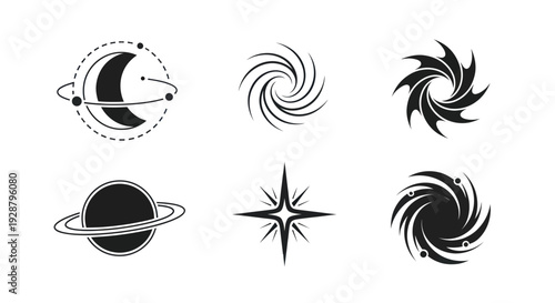 Set of minimal black and white space galaxy icons