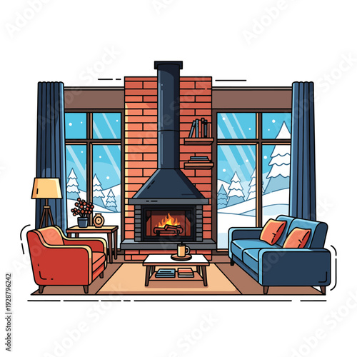 A cozy living room with a fireplace and snowy view