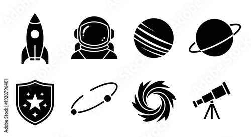 Space exploration icons with astronaut rocket telescope and planet orbit