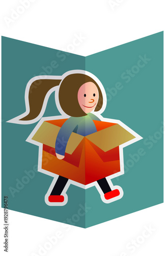 Niñas caminando entre una caja de carton