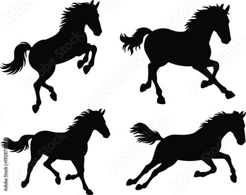 Four Black Horse Silhouettes in Various Galloping and Rearing Poses animal mammal