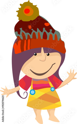 niña con gorro camisa roja y vestido de colores