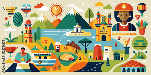 Travel to Ethiopia set, elements of culture, landmarks and food in infographic collage poster. Obelisk of Axum and Church in lalibela, Injera flatbread, doro wat and coffee cartoon vector illustration