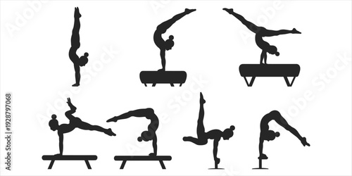 Silhouette Gymnasts Performing Various Poses on Apparatus gymnastics athlete