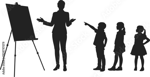 Silhouette of a teacher presenting to children in front of an easel on a white background kids classroom