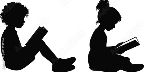 Silhouette of two children reading books on a white background Keywords: children, reading, books, silhouette, boy, girl