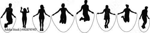 Silhouettes of diverse people jumping rope in various poses on a white background skipping exercise