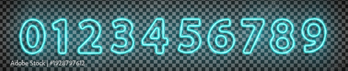 Cyan numbers font made with led neon tube isolated on transparent background. Light glowing effect numbers. Detailed vector illustration