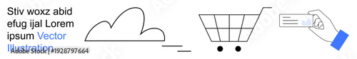 E-commerce, digital transactions, payment gateways, cloud storage, online retail, shopping experience. Cloud element, shopping cart hand holding a card. Online retail and digital transactions