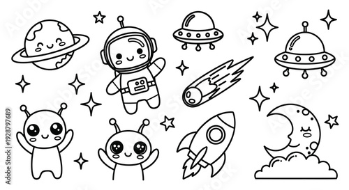 Hand Drawn Outer Space Doodles with Astronaut Alien and Rocket