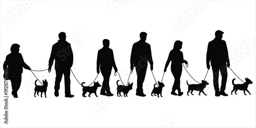 Silhouettes of People Walking Dogs on Leashes vector illustration