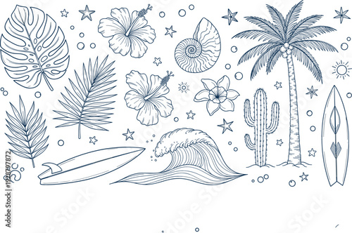 Hand drawn tropical summer elements vector set with palm trees waves surfboards flowers leaves and beach symbols sketch style isolated on white background