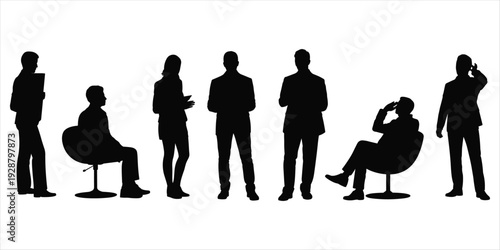 Silhouettes of seven business people in different poses and actions on white woman
