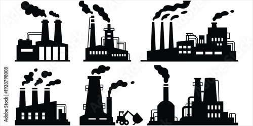 Six Black Industrial Factory Silhouettes with Smokestacks and Machinery building