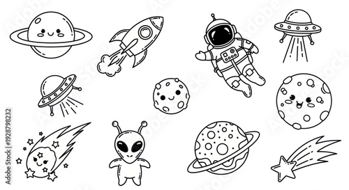 Cute Cartoon Space Adventure Line Art Doodle Icon Vector Set