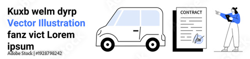 Small car, signed contract document, and person explaining or presenting. Ideal for car rental, leasing, business operations, agreements, sales, presentations simple landing page