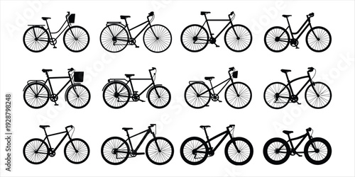 Twelve black silhouette bicycles of different styles and designs on white bike transport