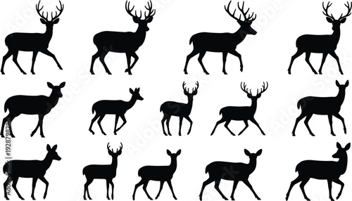 Twelve black silhouette deer in various walking and standing poses on white animal wildlife
