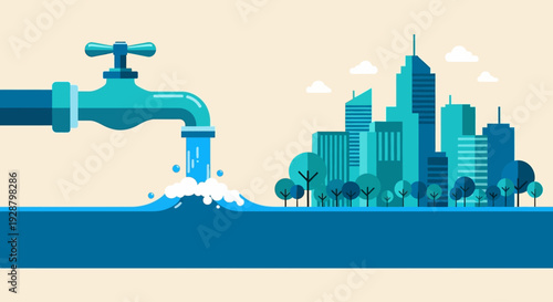 Celebrating World Water Day with a dripping faucet in a cityscape illustration