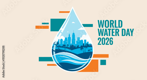 Celebrating World Water Day 2026 with a stylized water droplet illustration featuring a cityscape and flowing river