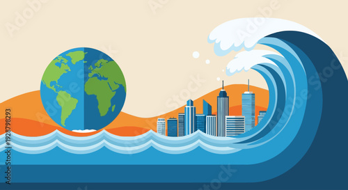 Celebrating World Water Day with a massive wave engulfing a cityscape and the Earth from an aerial viewpoint