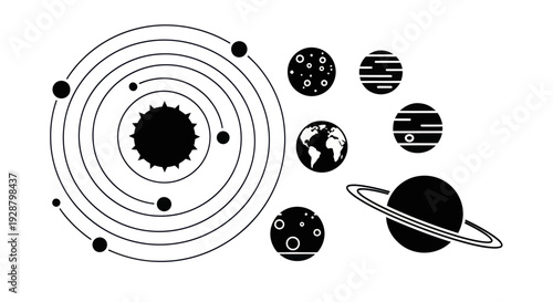 Solar System Planets Orbit Map and Celestial Bodies Silhouette Set