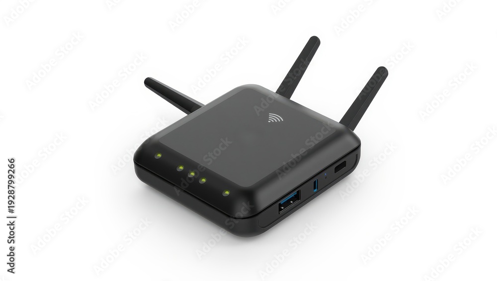 Fototapeta premium Portable Wi-Fi router on white backdrop. Black pocket hotspot