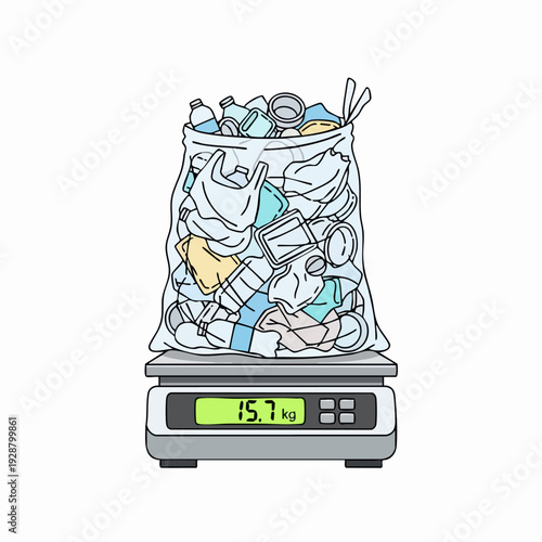 Garbage in trash bag on weighing scale.