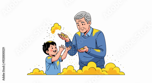 Grandfather And Grandson Playing With Golden Dust.