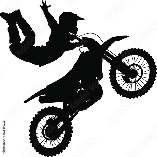 Motocross freestyle stunt silhouette, rider flying from dirt bike jump, extreme motorbike action illustration isolated on white background