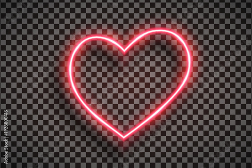 Realistic red heart led neon tube frame isolated on transparent background. Light effect photo frame. Detailed vector illustration