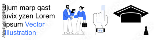 Business partnerships, technology security, digital identity, education milestones, academic success, personal growth. Two people shaking hands, a fingerprint scanner graduation cap. Business