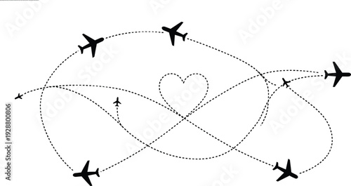 Airplane flight path heart shape vector illustration with dotted travel routes romantic aviation and tourism concept isolated on white background