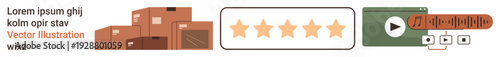 Logistics, user reviews, multimedia controls, e-commerce, delivery, content creation. Stacked boxes, rating bar media player. Logistics and user reviews concepts visually