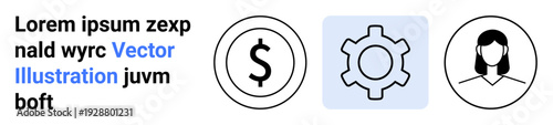 Dollar sign, gear symbol for settings, and person avatar outline for finance, technology, strategy, usability, analytics, customer profiles, ideal for a simple landing page