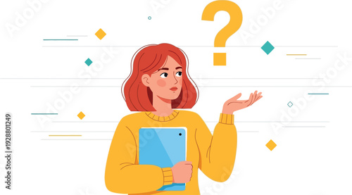 The Dilemma: A thoughtful individual stands beneath a large question mark. Expressing contemplation, inquiry and decision making in the realm of problem-solving.