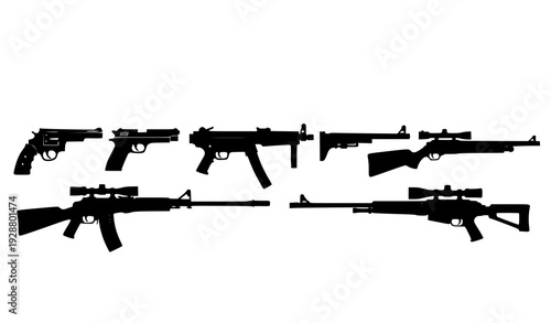 SEO Title 1
Black Firearm Silhouettes Set in Horizontal Row Isolated on White Background Vector Illustration